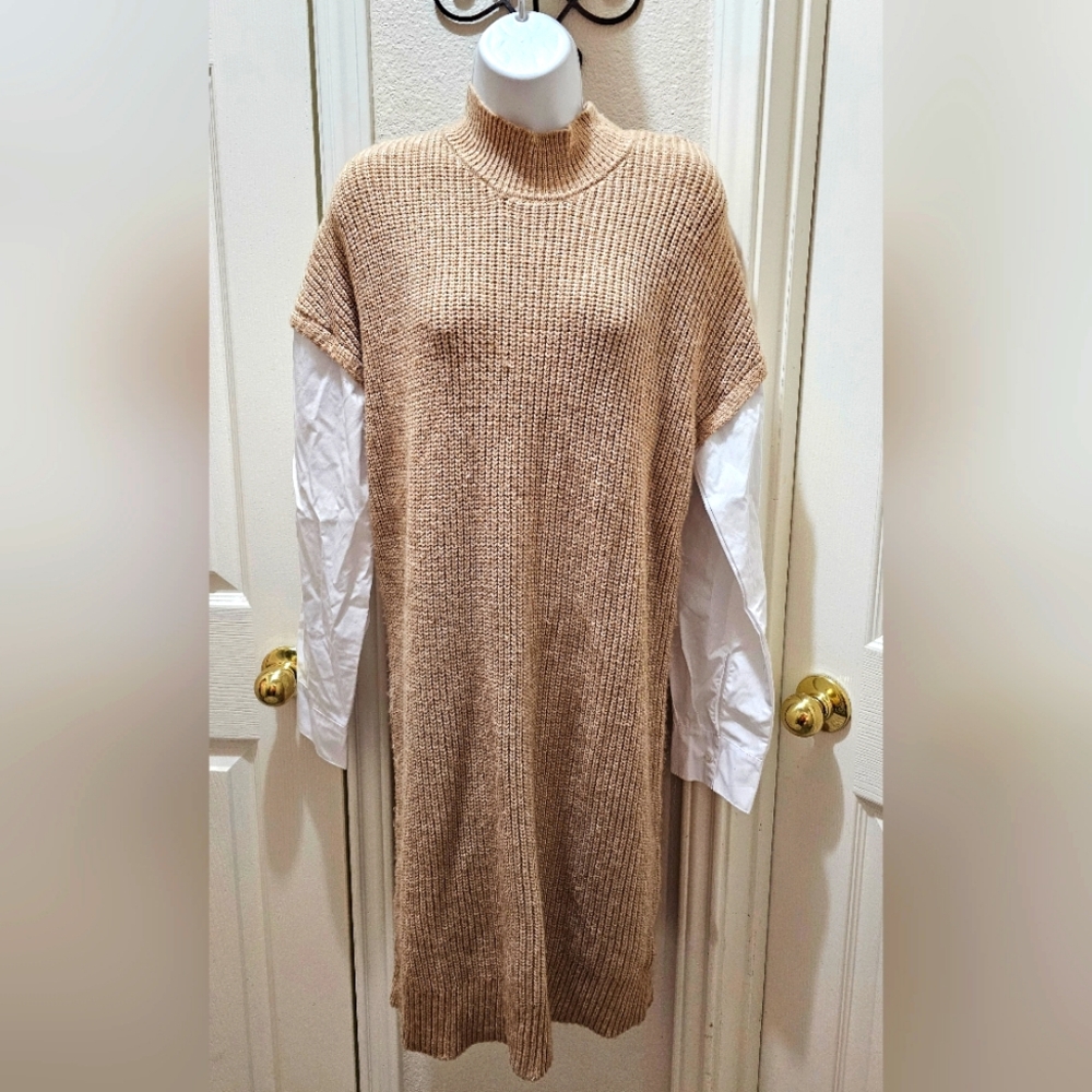 Tahari Mock White Shirt Layered Taupe Sweater Dress Taupe Size Extra Large NWOT - Picture 2 of 13